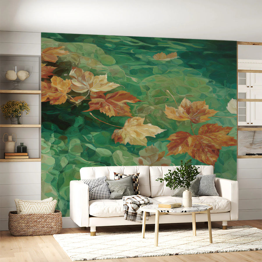 Floating Maple Leaves on Turquoise Water Mural Wallpaper
