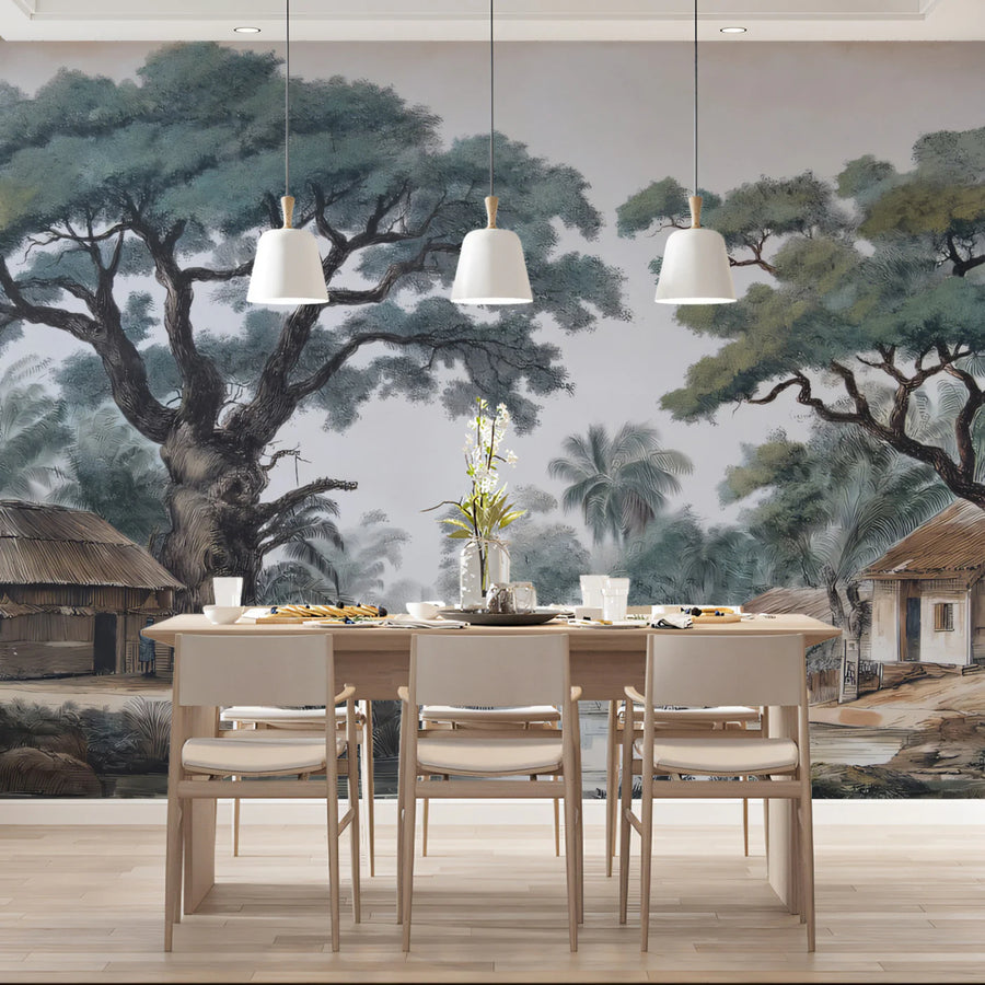 Colonial Tropical Village Mural Wallpaper — Vintage Illustration Mural Wallpaper