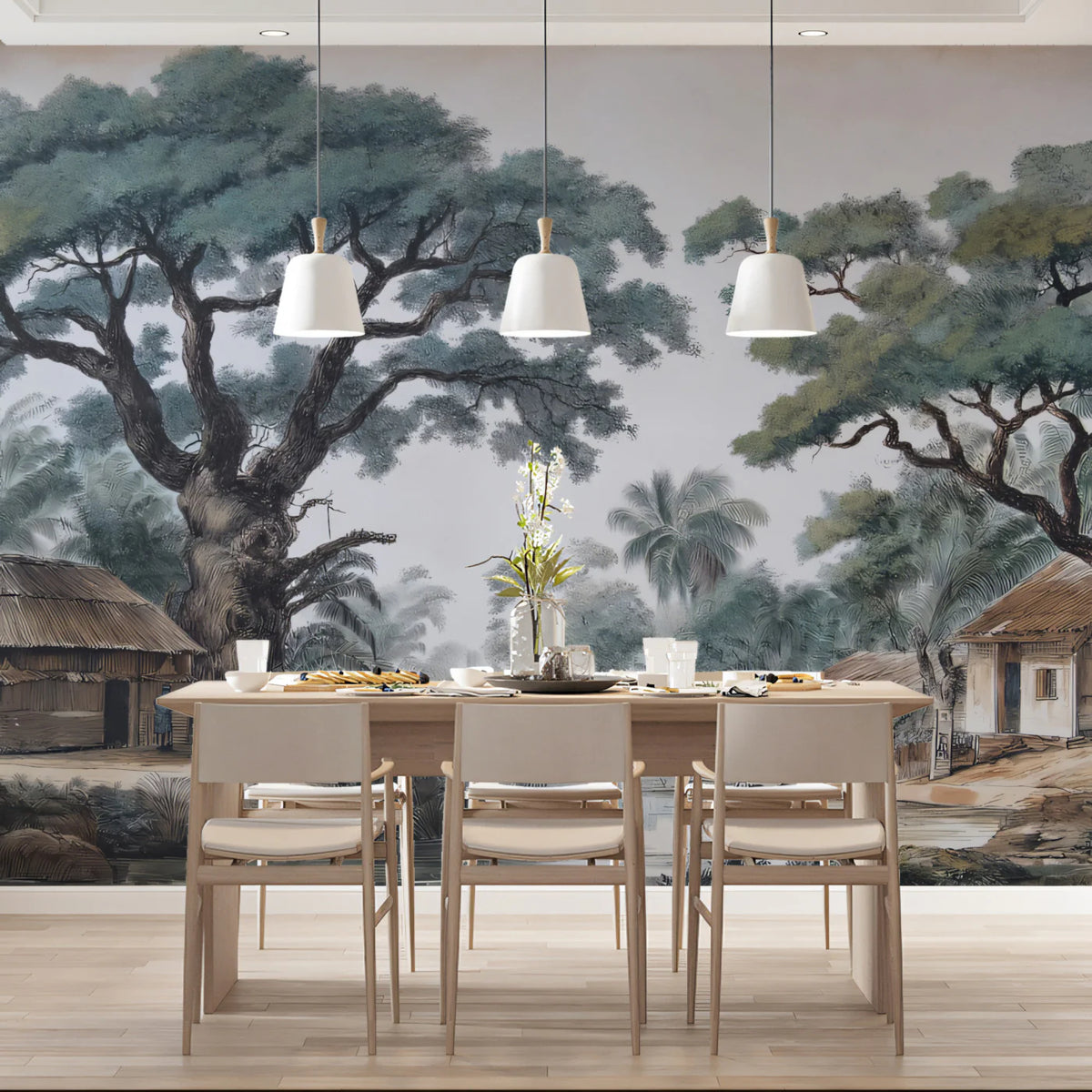 Colonial Tropical Village Mural Wallpaper — Vintage Illustration Mural Wallpaper - pure wallpaper artwork