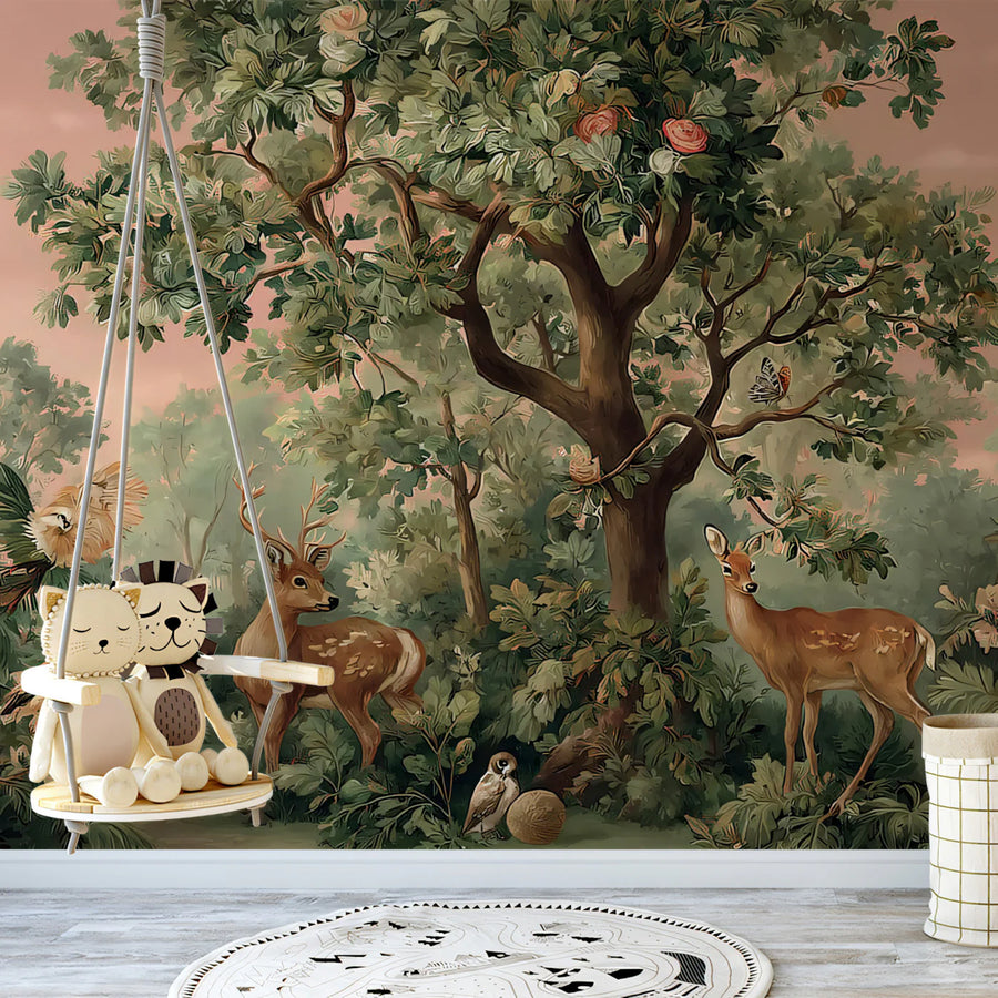 Vintage Forest Deer and Rose Botanical Mural Wallpaper