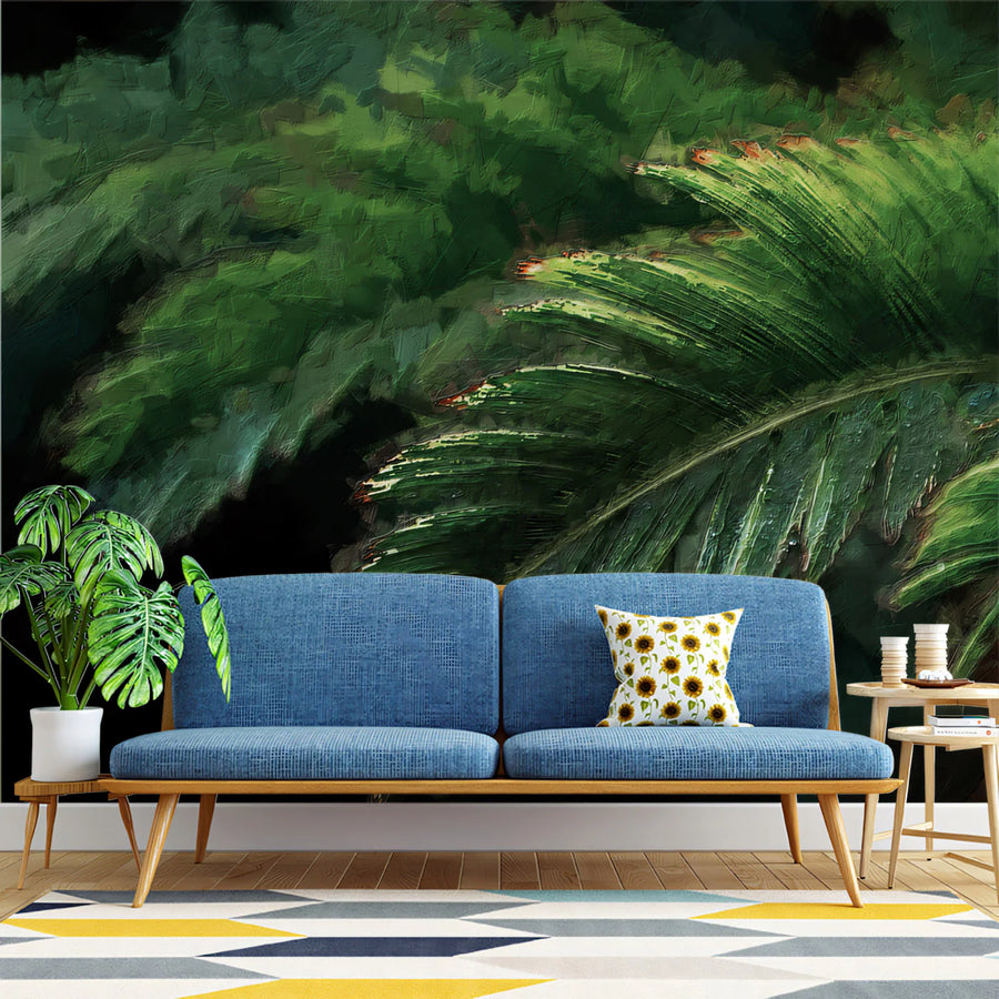 Impasto Palm Leaf Mural Wallpaper —Moody Botanical Art Mural Wallpaper