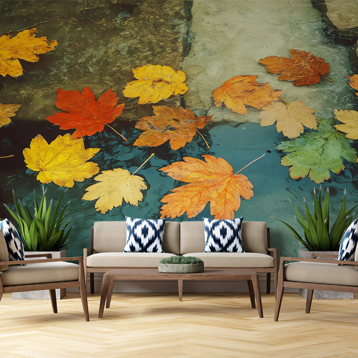 Autumn Maple Leaf Water Mural Wallpaper — Seasonal Nature Decor Mural Wallpaper - pure wallpaper artwork