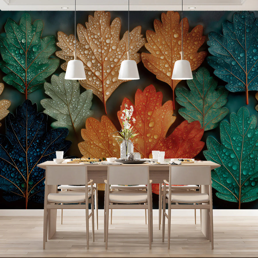 Autumn Dew Leaves Mural Wallpaper — Moody Botanical Pattern Mural Wallpaper