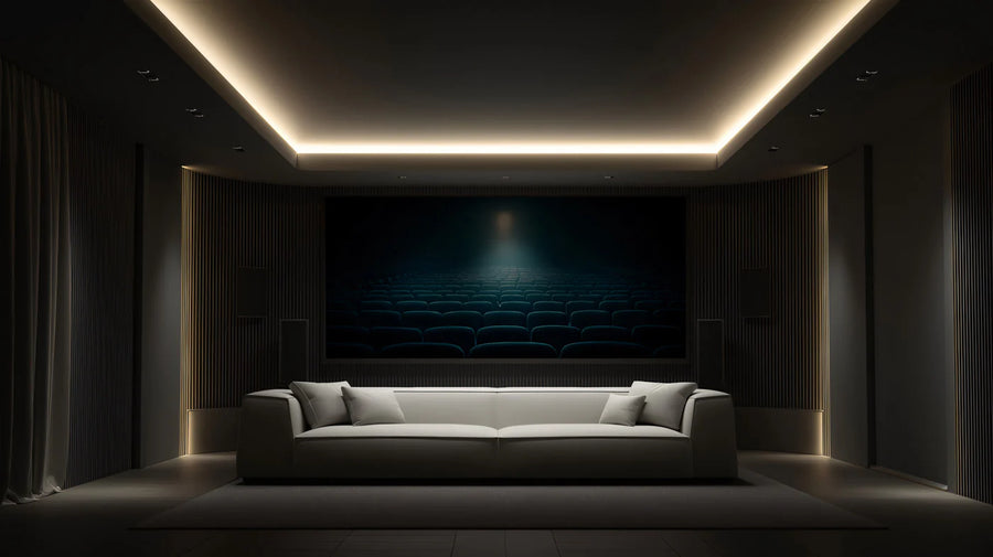 Empty Cinema Seating Mural Wallpaper — Moody Spotlight Perspective Mural Wallpaper