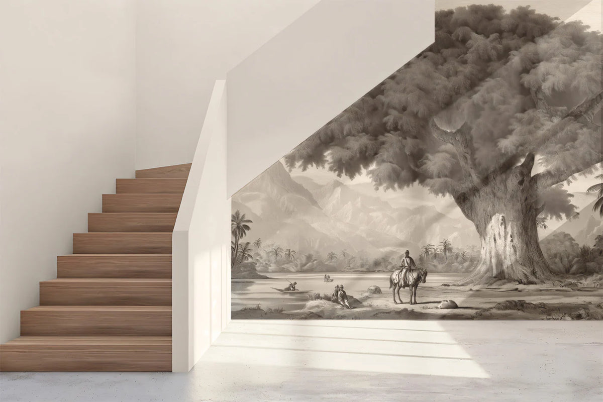 Banyan Tree Mountain Landscape Mural Wallpaper — Vintage Etching Mural Wallpaper - pure wallpaper artwork