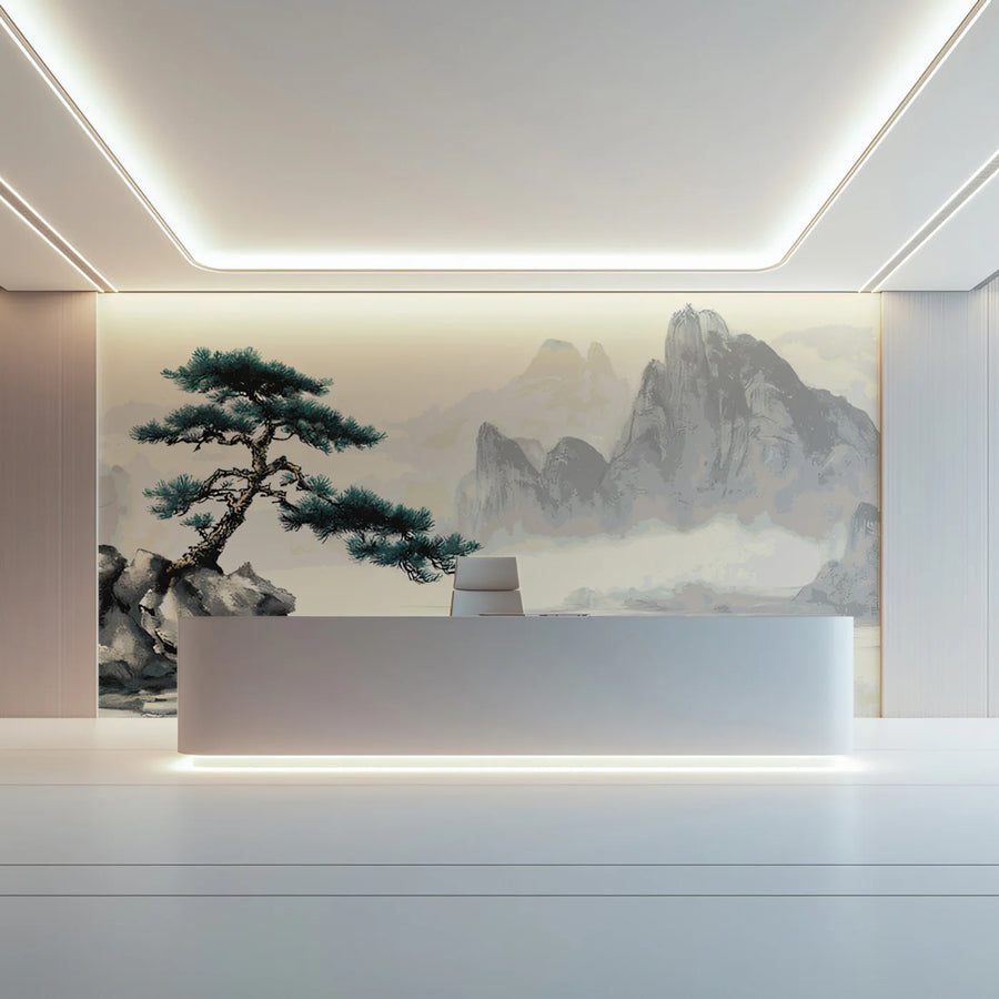 Misty Pine Peak Mural Wallpaper — Traditional Ink Landscape Mural Wallpaper