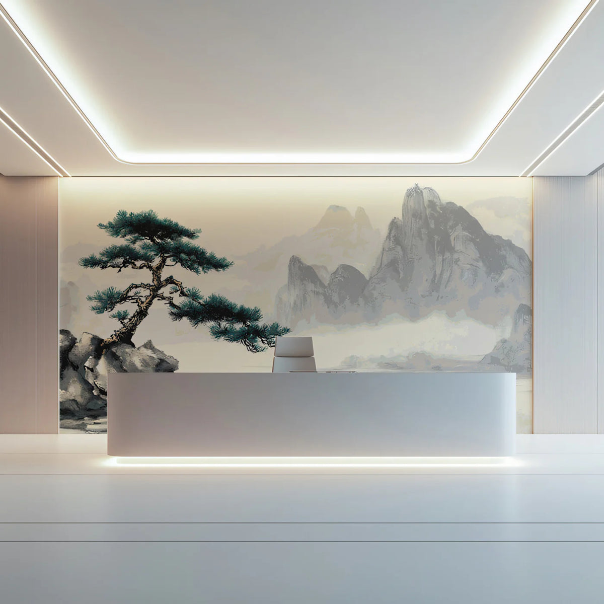 Misty Pine Peak Mural Wallpaper — Traditional Ink Landscape Mural Wallpaper - pure wallpaper artwork