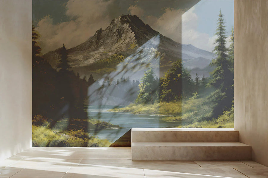Snow-Dusted Alpine Peak Mural Wallpaper in Impressionist Style Mural Wallpaper