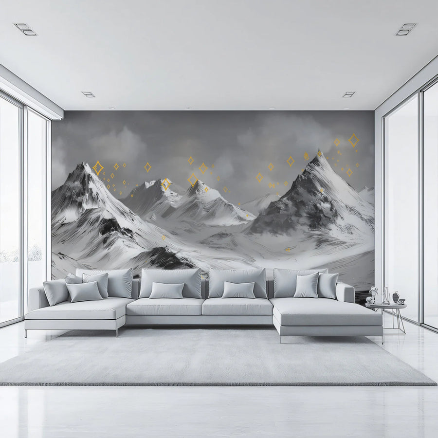 Starry Mountain Landscape Mural Wallpaper — Monochrome Artistic Decor Mural Wallpaper