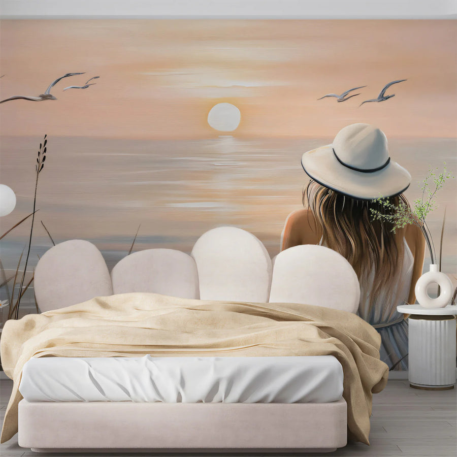Coastal Sunset Dream Mural Wallpaper — Soft Painted Beach Landscape Mural Wallpaper