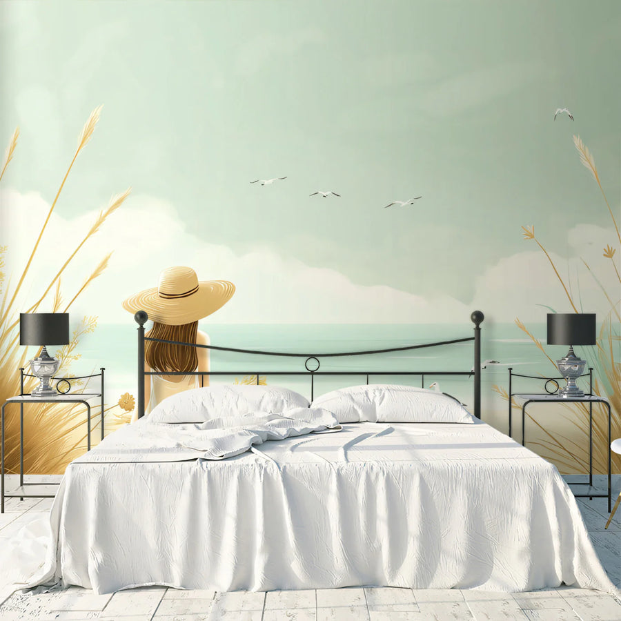 Coastal Meadow Stroll Mural Wallpaper — Summer Seaside Escape Mural Wallpaper