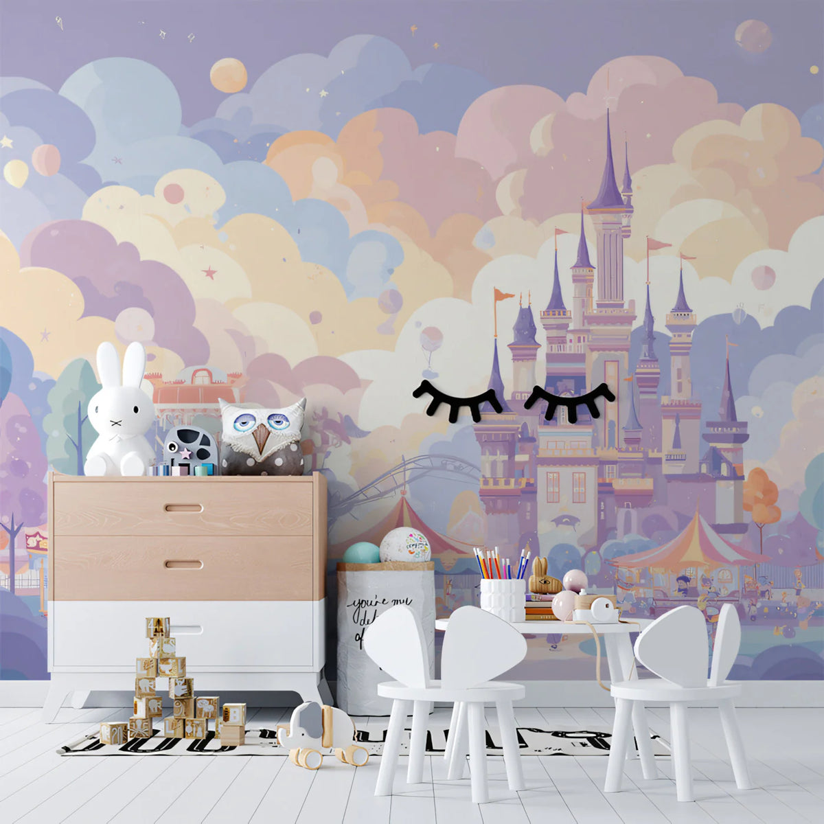 Pastel Kingdom Fairground Mural Wallpaper — Whimsical Castle Art Mural Wallpaper - pure wallpaper artwork