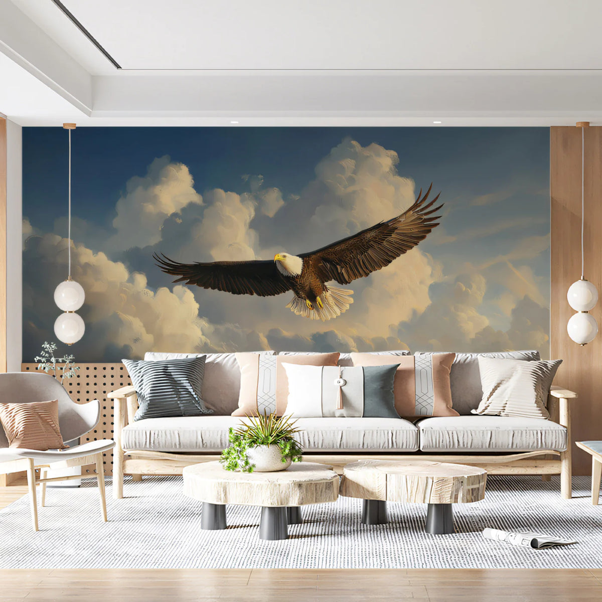 Soaring Bald Eagle Above Clouds Mural Wallpaper — Artistic Sky Design Mural Wallpaper - pure wallpaper artwork