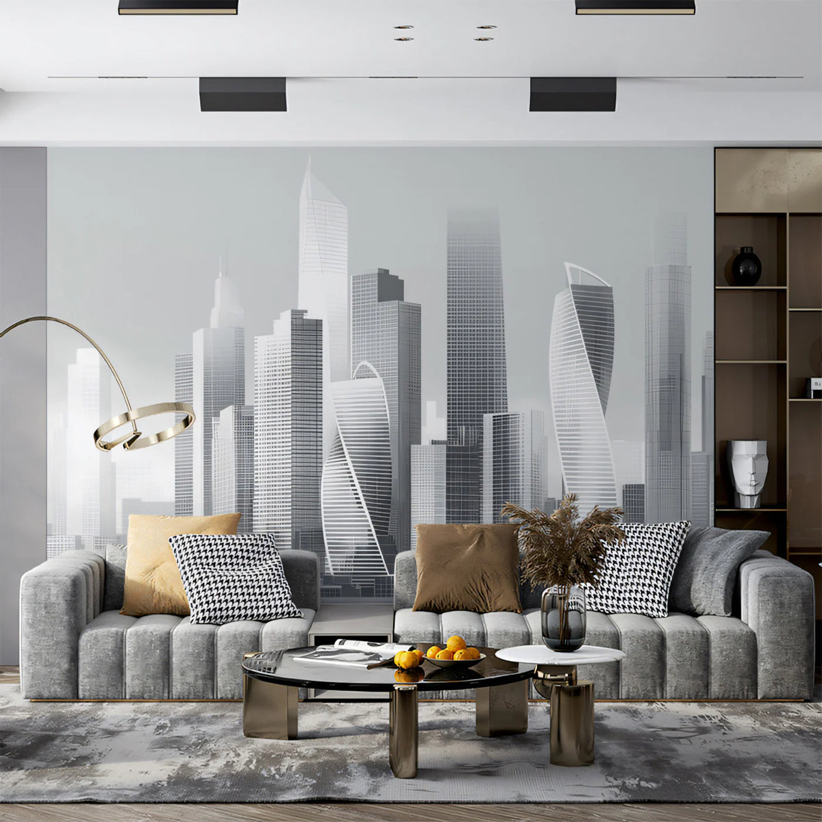 Monochrome Futuristic Skyline Mural Wallpaper — Modern Urban Decor Mural Wallpaper - pure wallpaper artwork