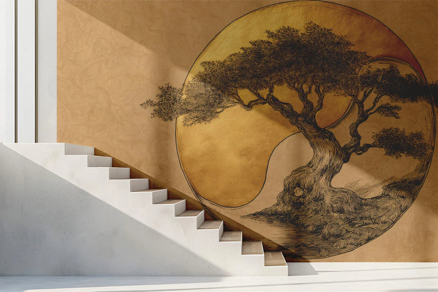 Zen Bonsai Gold Leaf Mural Wallpaper — Traditional Artistic Decor Mural Wallpaper