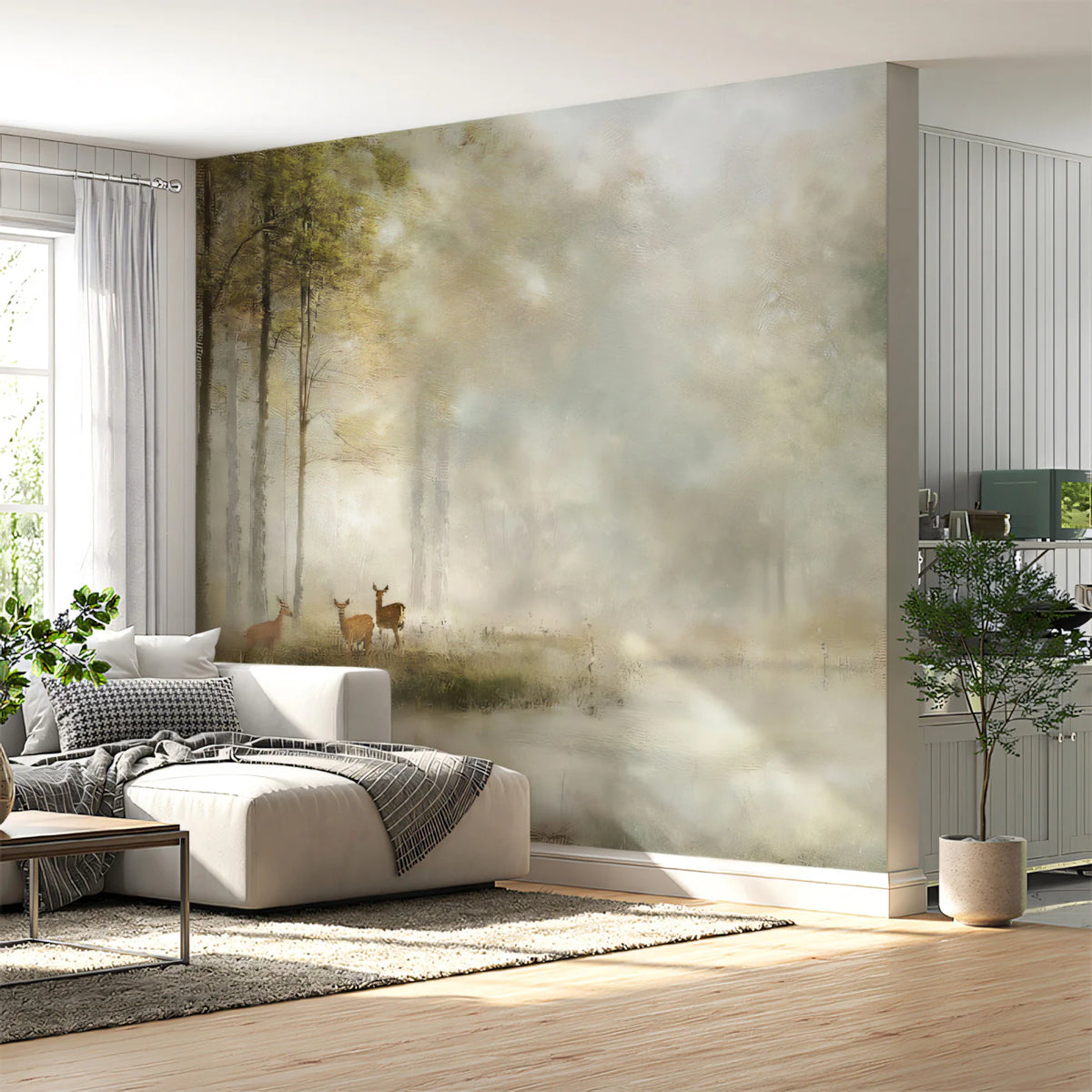 Misty Morning Deer Forest Mural Wallpaper — Impressionistic Nature Mural Wallpaper - pure wallpaper artwork