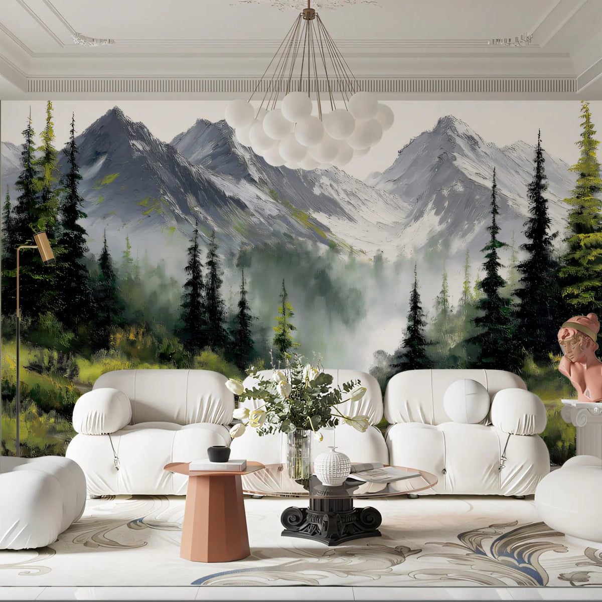 Alpine Mist Mountain Landscape Mural Wallpaper —Oil Painting Style Mural Wallpaper - pure wallpaper artwork