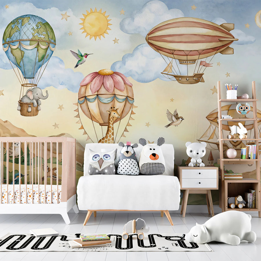 Safari Hot Air Balloon Mural Wallpaper — Whimsical Travel Adventure Mural Wallpaper