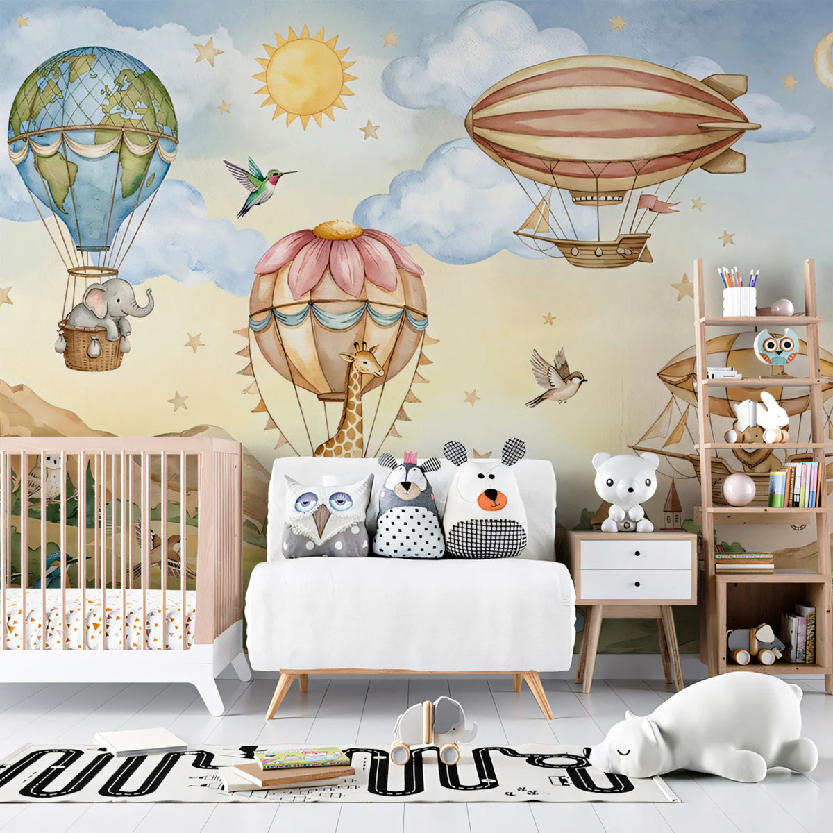 Safari Hot Air Balloon Mural Wallpaper — Whimsical Travel Adventure Mural Wallpaper - pure wallpaper artwork