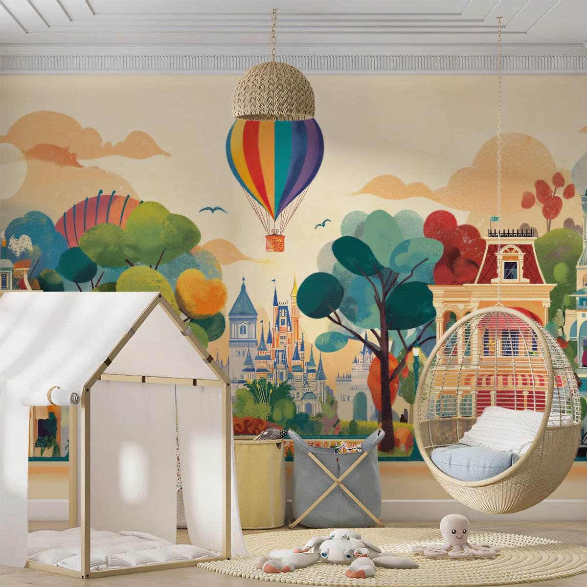 Main Street Parade Mural Wallpaper — Whimsical Retro Cartoon City Mural Wallpaper - pure wallpaper artwork