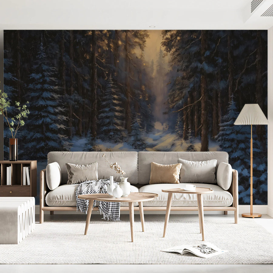 Snowy Winter Forest Stream Mural Wallpaper — Moody Landscape Decor Mural Wallpaper