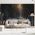 Snowy Winter Forest Stream Mural Wallpaper — Moody Landscape Decor Mural Wallpaper - pure wallpaper artwork
