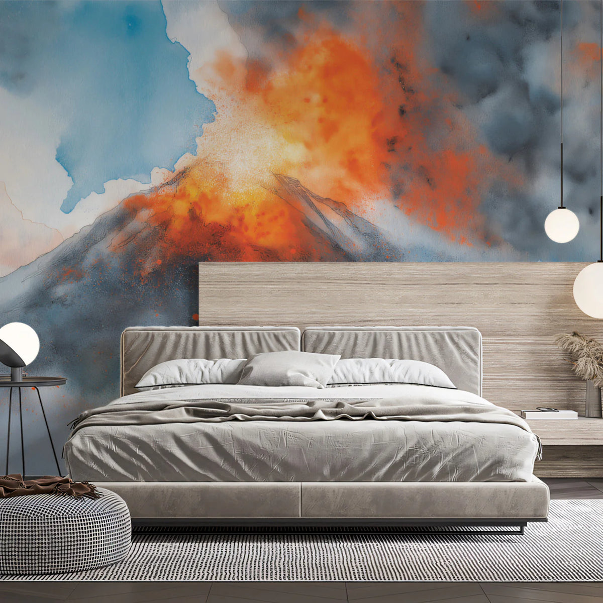 Volcanic Eruption Watercolor Mural Wallpaper — Abstract Nature Art Mural Wallpaper - pure wallpaper artwork