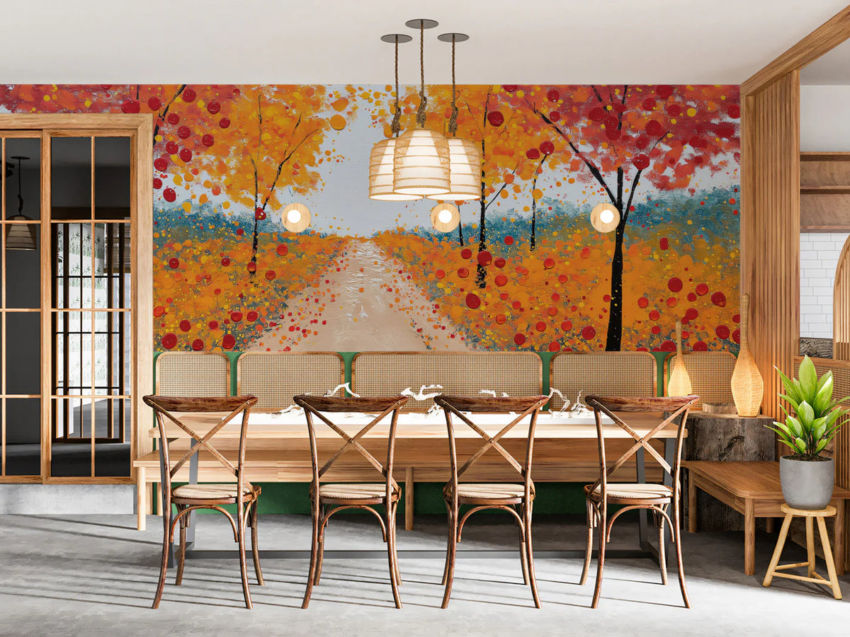 Autumn Pathway Impressionist Mural — Vibrant Seasonal Tree Decor Mural Wallpaper - pure wallpaper artwork