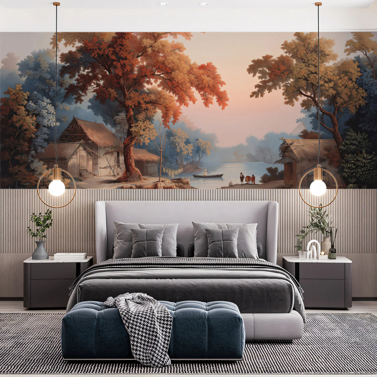 Rustic Riverbank Village Mural — Classical Landscape Wall Art Mural Wallpaper - pure wallpaper artwork