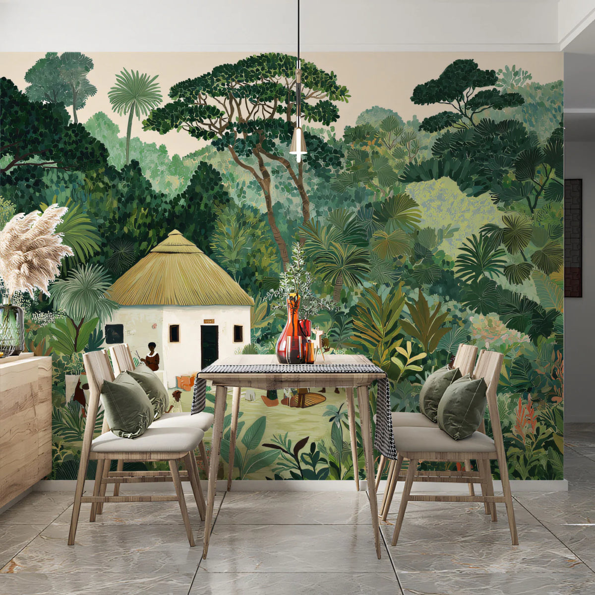 Traditional Village Life Mural Wallpaper — Lush Botanical Art Mural Wallpaper - pure wallpaper artwork