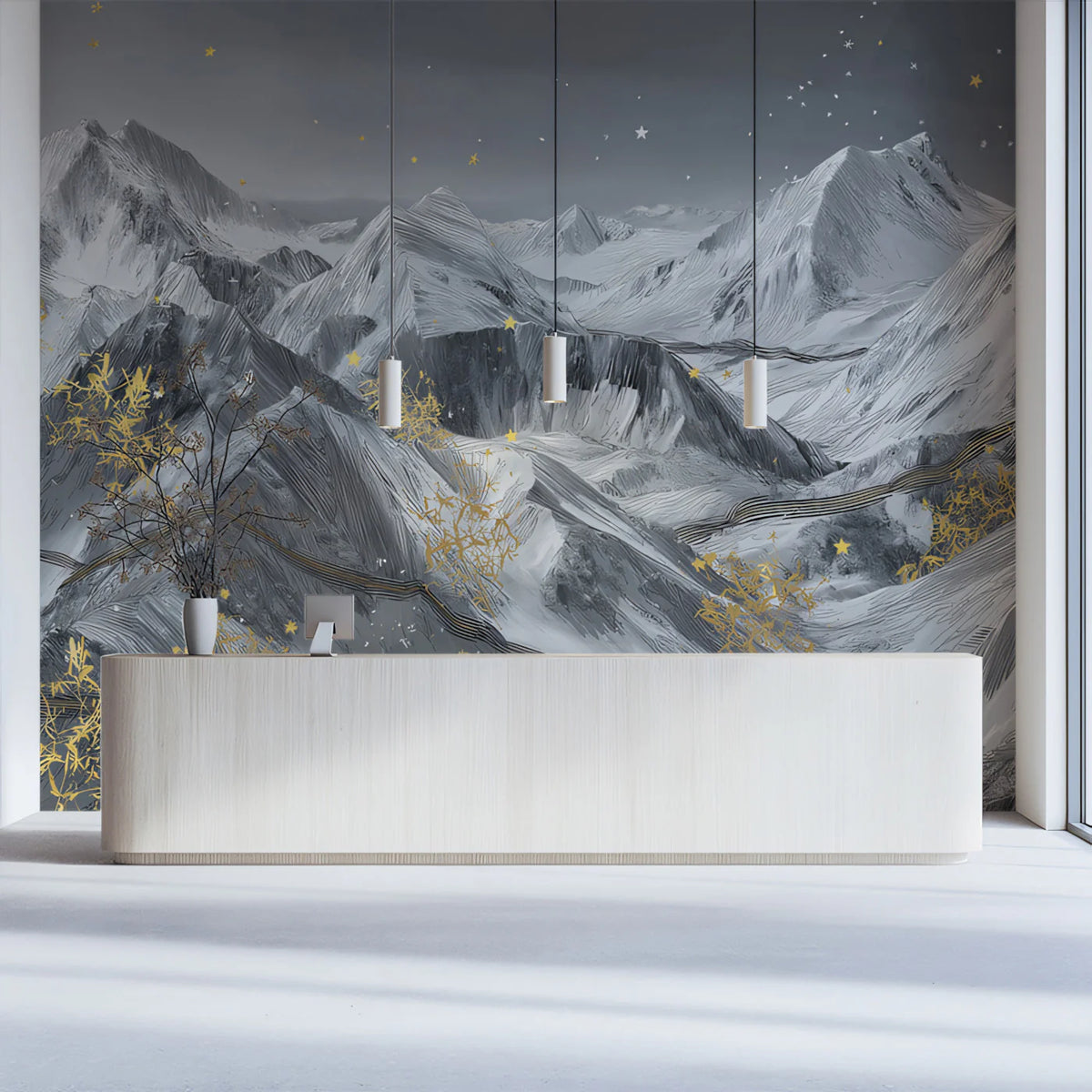 Starry Mountain Peak Mural Wallpaper — Artistic Monochrome Decor Mural Wallpaper - pure wallpaper artwork