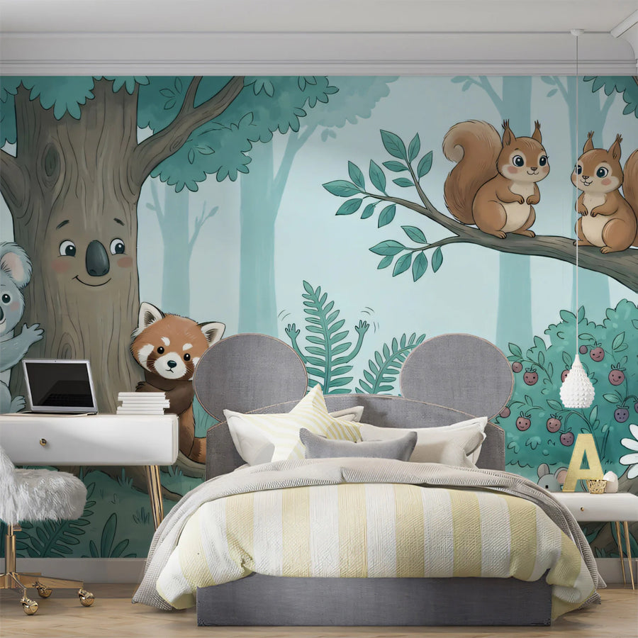 Friendly Woodland Animals Mural Wallpaper — Whimsical Forest Scene Mural Wallpaper