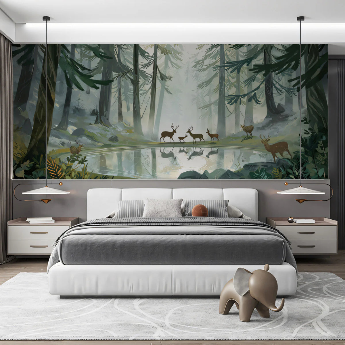 Misty Deer Forest Mural Wallpaper — Impressionistic Woodland Scene Mural Wallpaper - pure wallpaper artwork