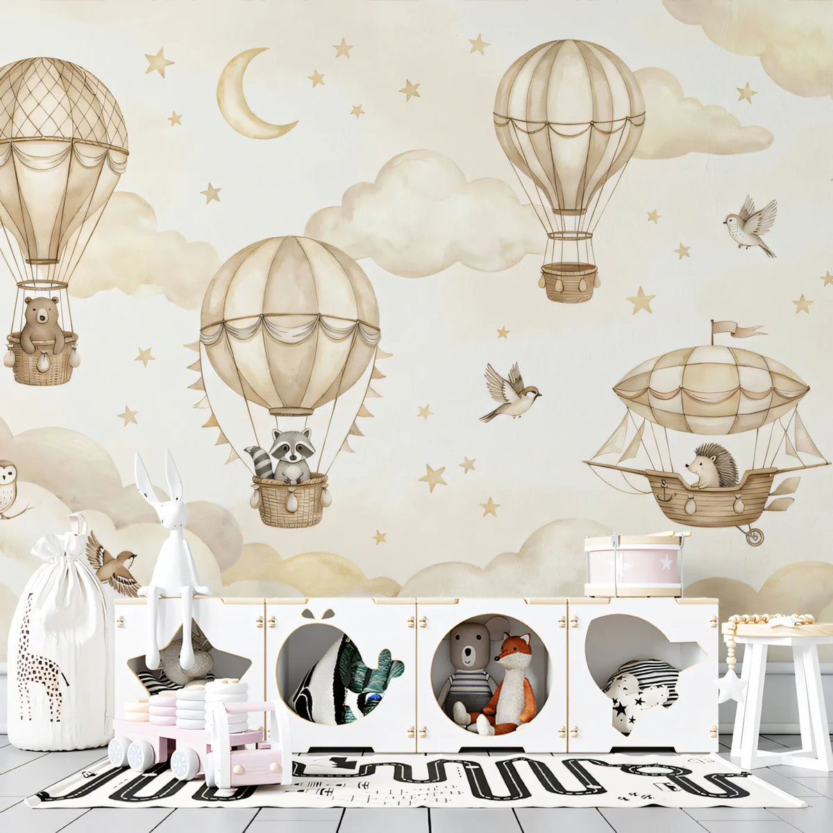 Vintage Hot Air Balloon Mural Wallpaper with Woodland Animals Mural Wallpaper - pure wallpaper artwork