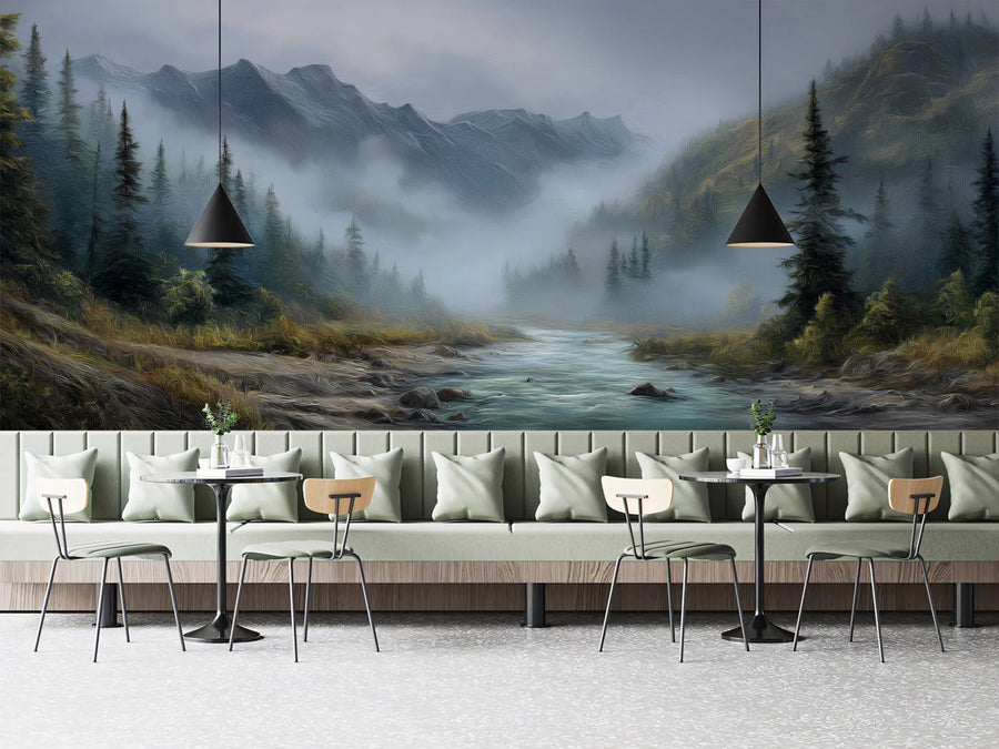 Misty Alpine Valley Mural — Impressionistic Mountain Landscape Mural Wallpaper