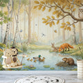 Sunlit Woodland Pond Mural Wallpaper with Forest Friends Mural Wallpaper - pure wallpaper artwork