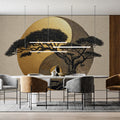 Zen Bonsai Yin-Yang Mural Wallpaper — Gold and Charcoal Art Mural Wallpaper - pure wallpaper artwork