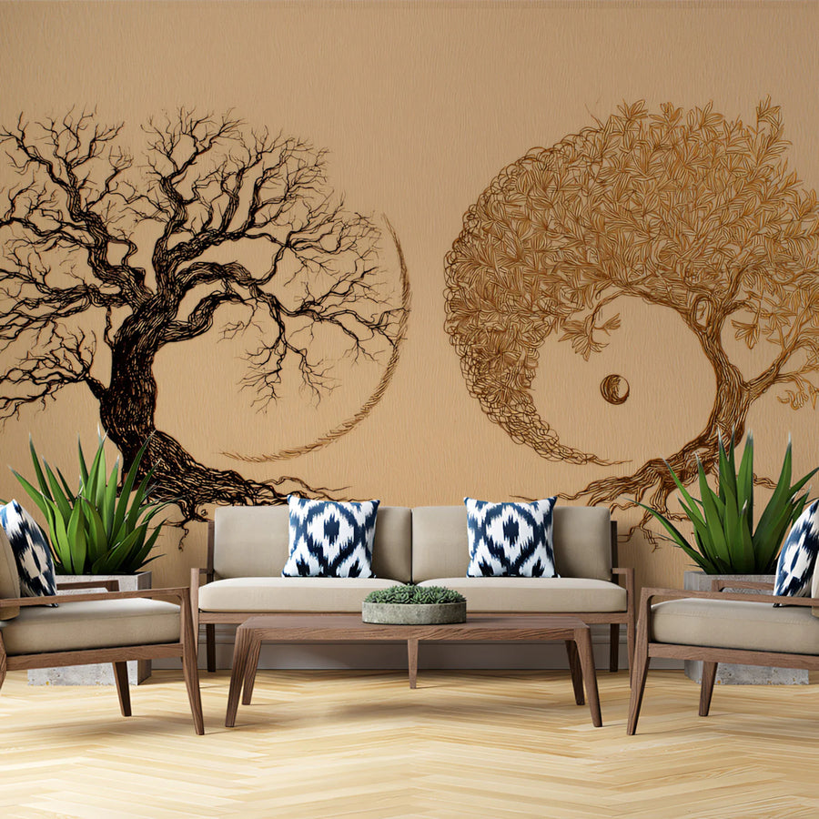 Dual Nature Yin-Yang Tree Mural Wallpaper — Fine Line Art Mural Wallpaper