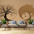 Dual Nature Yin-Yang Tree Mural Wallpaper — Fine Line Art Mural Wallpaper - pure wallpaper artwork
