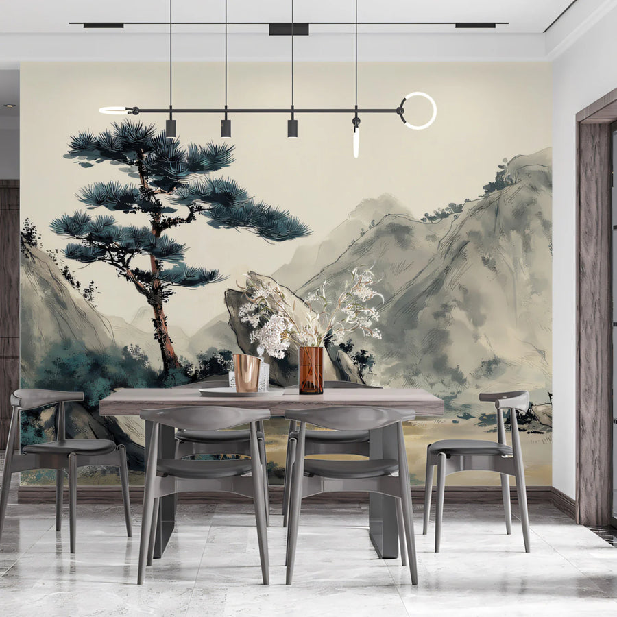 Zen Mountain Pine Mural Wallpaper — Traditional Landscape Art Mural Wallpaper