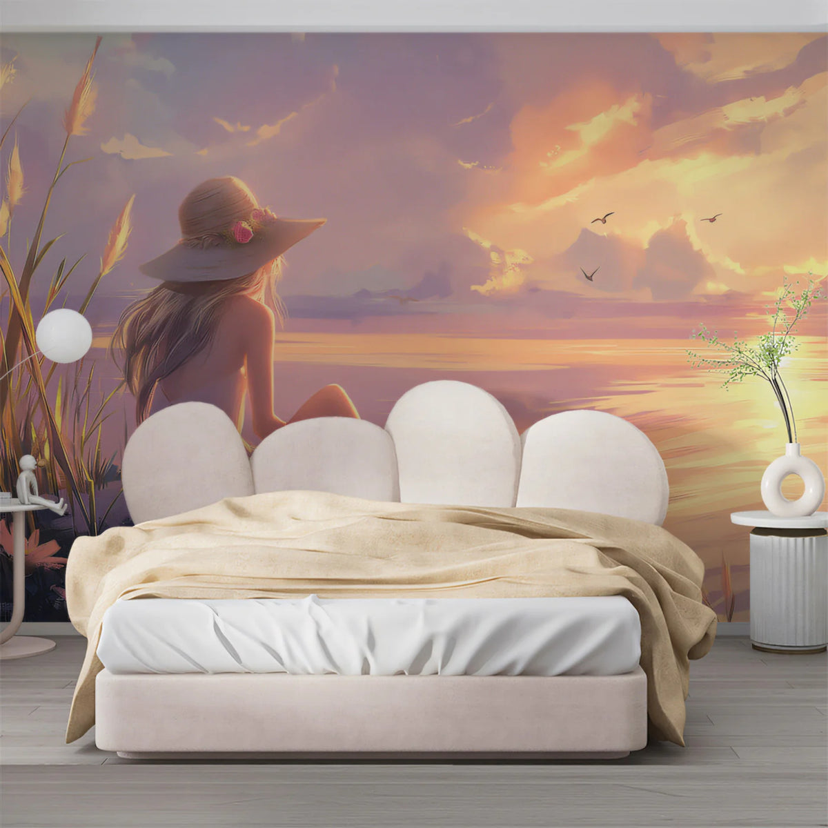 Dreamy Sunset Shore Mural Wallpaper — Whimsical Coastal Scene Mural Wallpaper - pure wallpaper artwork