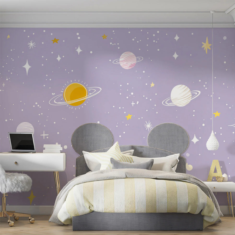 Celestial Galaxy Mural Wallpaper — Whimsical Lavender Space Design Mural Wallpaper