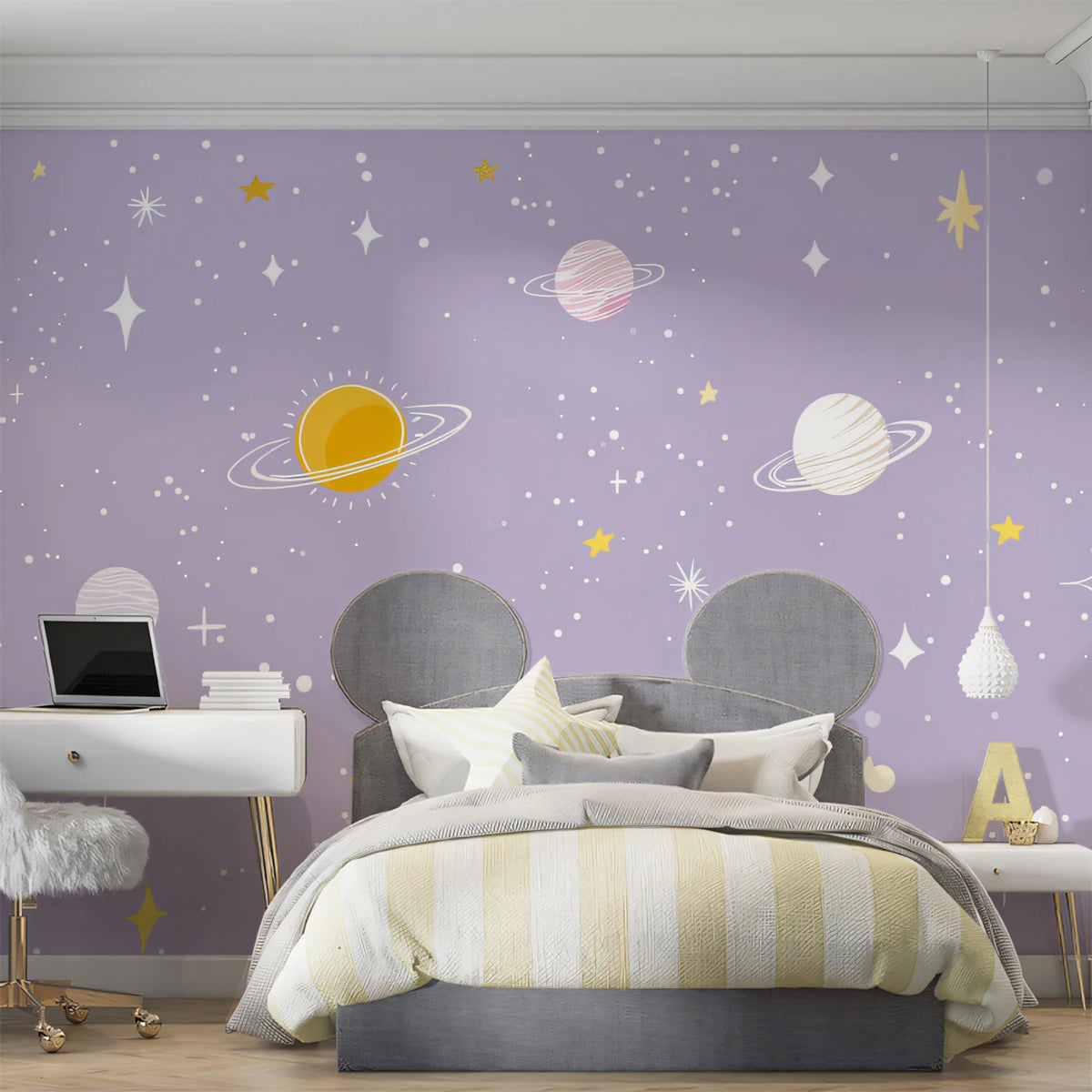 Celestial Galaxy Mural Wallpaper — Whimsical Lavender Space Design Mural Wallpaper - pure wallpaper artwork
