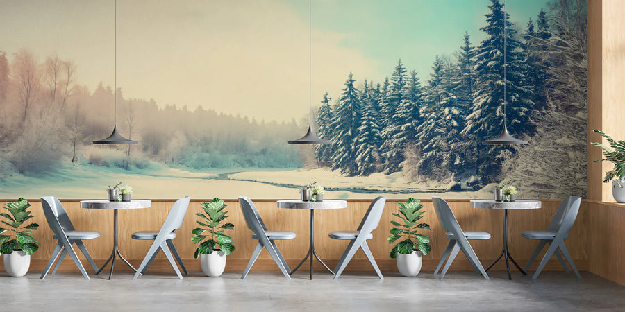 Winter Forest Stream Panoramic Mural Wallpaper — Cold Morning View Mural Wallpaper
