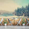 Winter Forest Stream Panoramic Mural Wallpaper — Cold Morning View Mural Wallpaper - pure wallpaper artwork