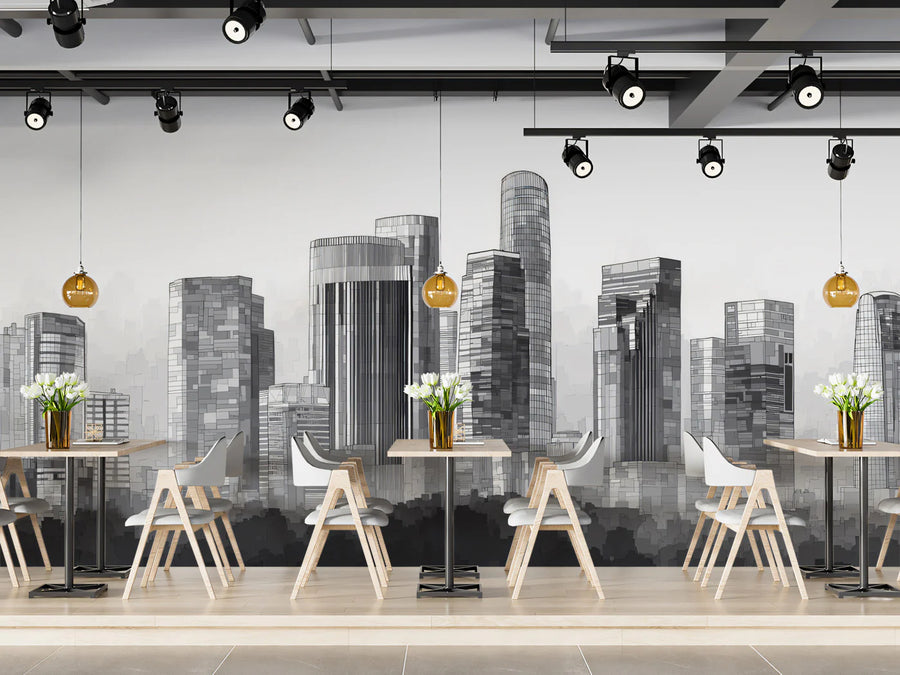 Minimalist City Silhouette Mural Wallpaper in Charcoal and Gray Mural Wallpaper