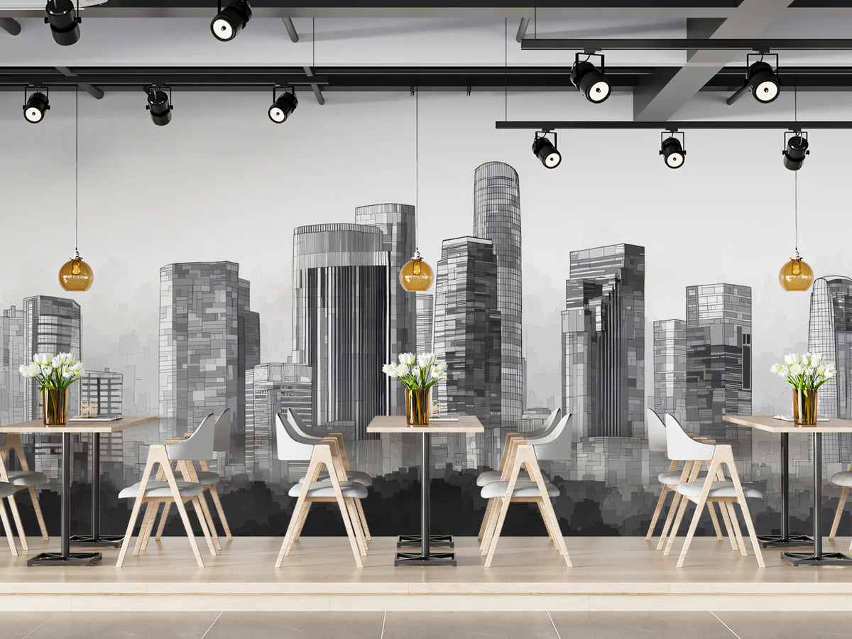 Minimalist City Silhouette Mural Wallpaper in Charcoal and Gray Mural Wallpaper - pure wallpaper artwork