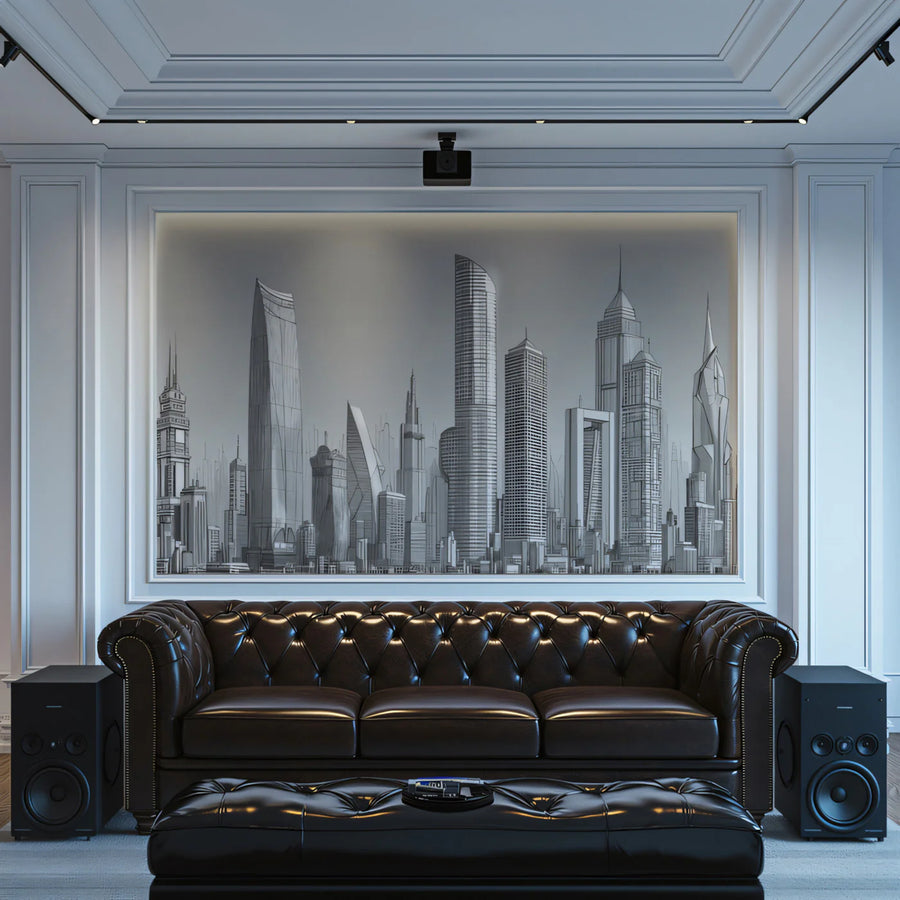 Metropolis Skyline Sketch Mural Wallpaper —Modern Architectural Art Mural Wallpaper