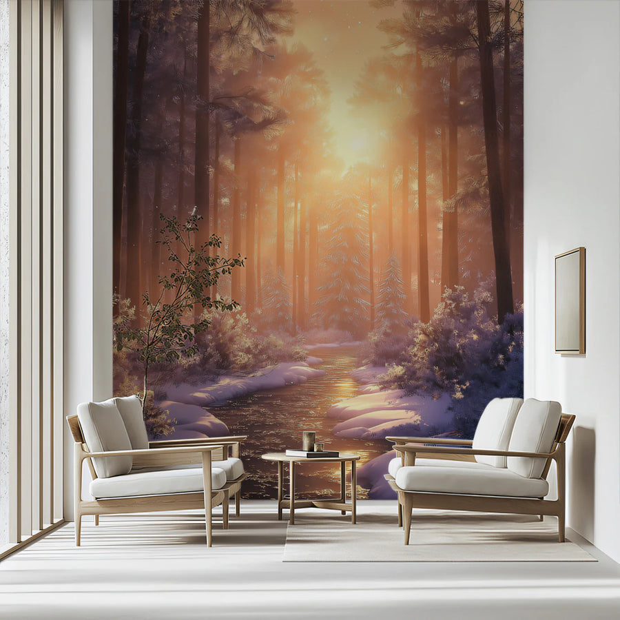 Winter Sunset Pine Forest Mural Wallpaper — Cinematic Scenic Decor Mural Wallpaper