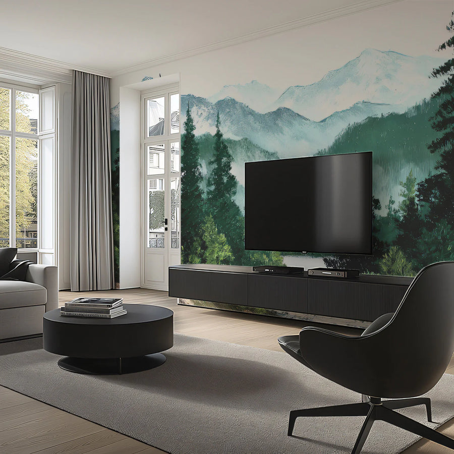 Alpine River Forest Mural Wallpaper — Painted Mountain Landscape Mural Wallpaper